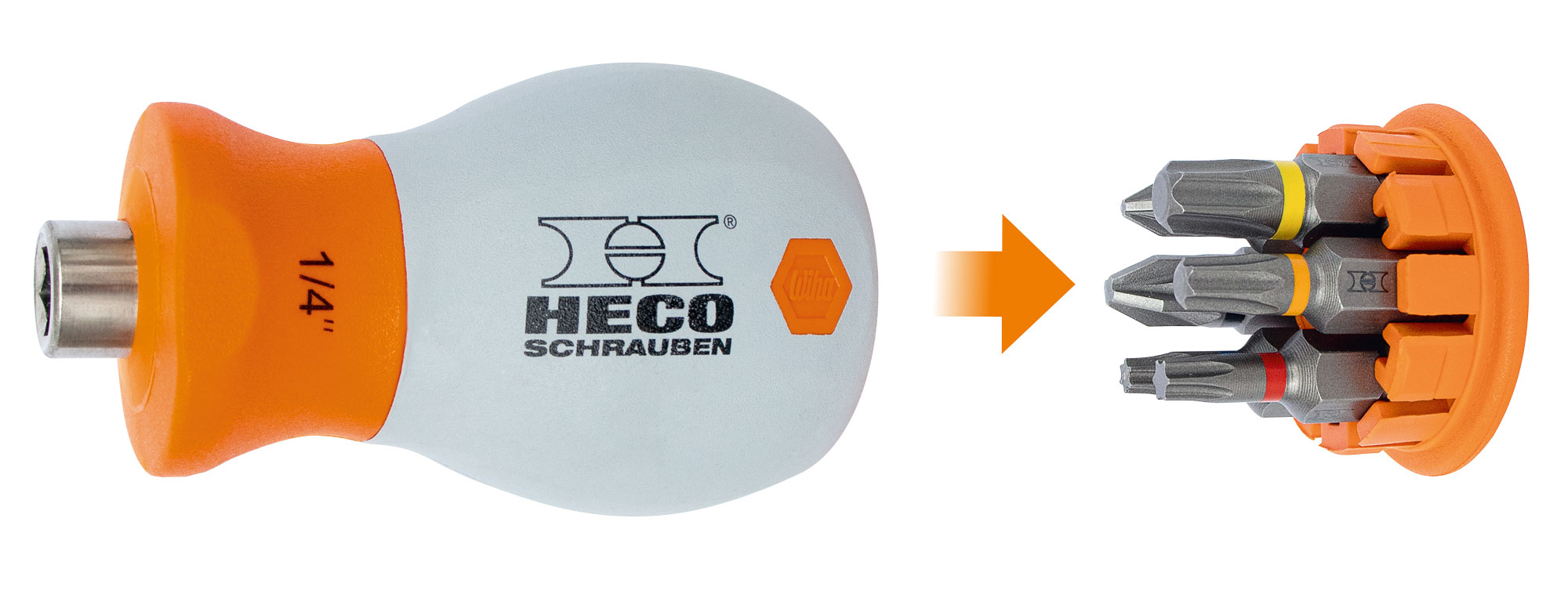 HECO-Stubby mini screwdriver with 6-piece bit magazine in handle